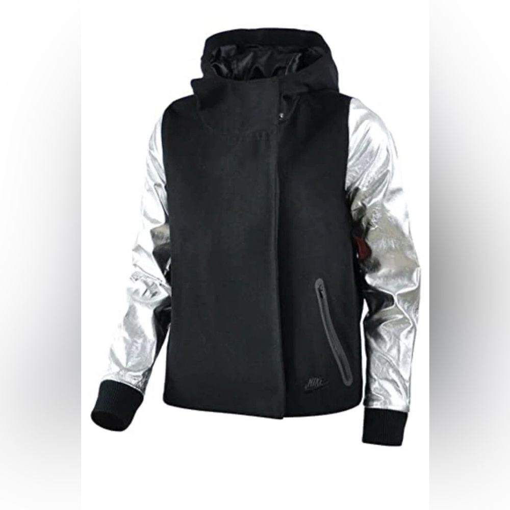 NWT Nike Women’s Destroyer Butterfly Blk wool Jacket with Silver leather sleeves - Picture 2 of 10